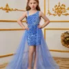 Момичешка рокля за младежи с мрежеста апликация на цветя и набран колан на талията