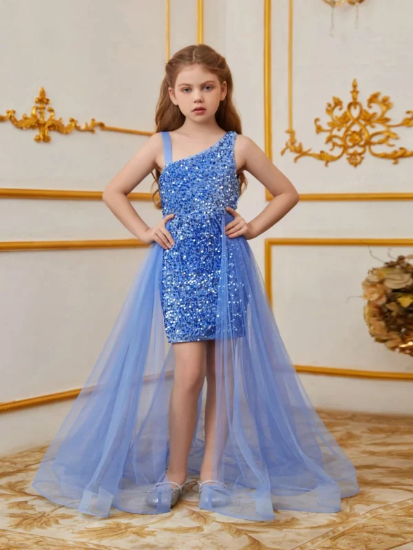170184558565488a946541b9be14e738d3a9456595_thumbnail_ Момичешка рокля за младежи с мрежеста апликация на цветя и набран колан на талията