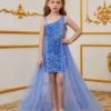 Момичешка рокля за младежи с мрежеста апликация на цветя и набран колан на талията