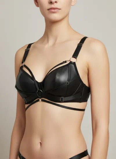 Grunge Punk Underwired PU lingerie bra in dark, casual punk style for